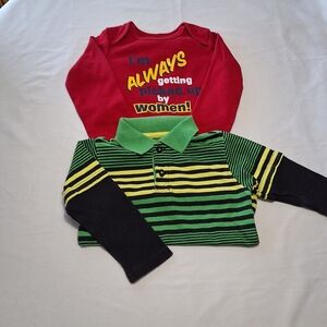 Red Onesie and Green Kids Long Sleeve Shirts